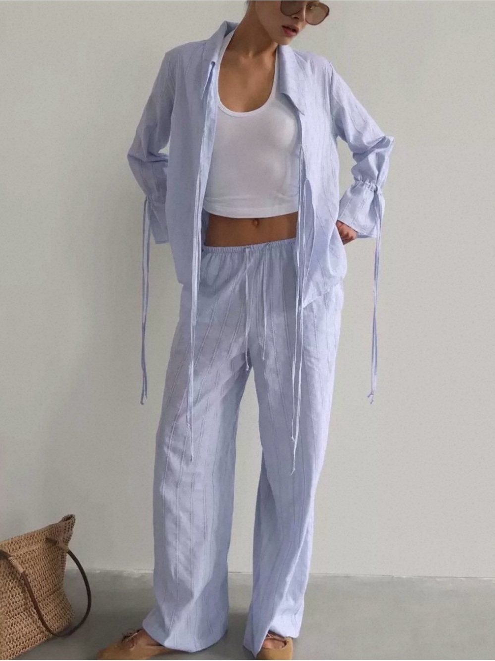Light Lavender Two-Piece Lounge Set with Relaxed Shirt & Wide Pants